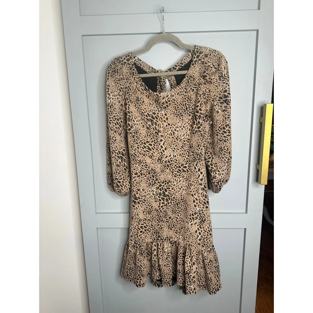 Maeve Anthropologie Leopard Print Puff Sleeve Cutout Back Dress Tan Black Sz 16